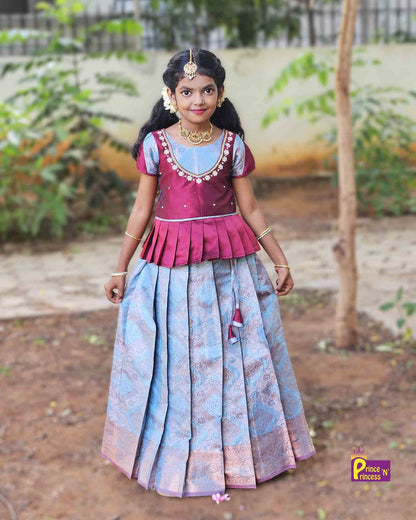 Kids Maroon Sky Blue Traditional AARI Work Pattu Pavadai PPP1542