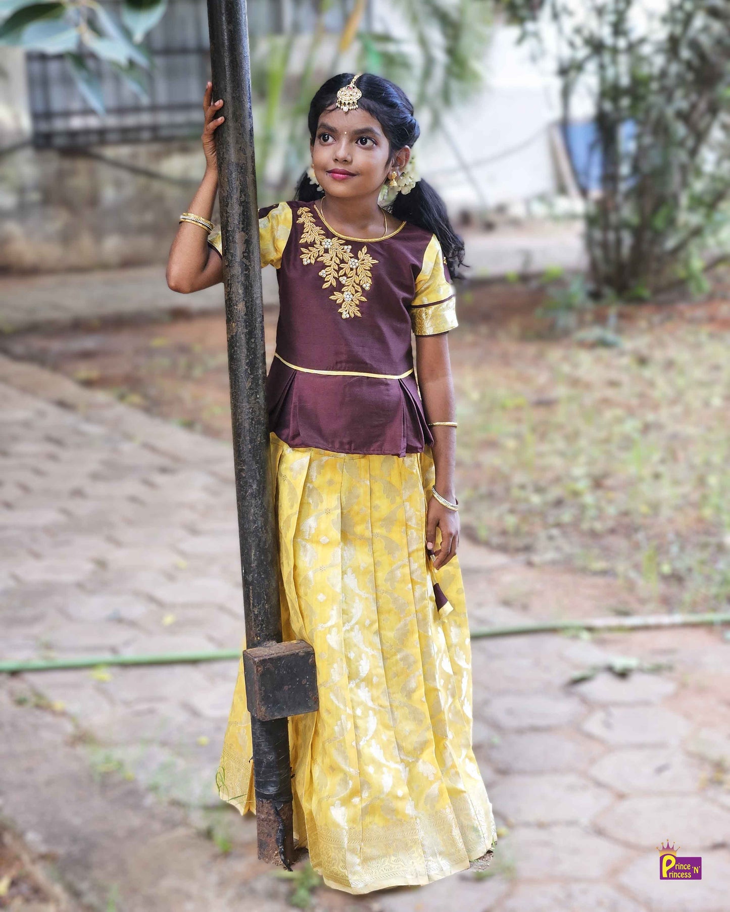 Kids Brown Yellow Traditional AARI Work Pattu Pavadai PPP1541