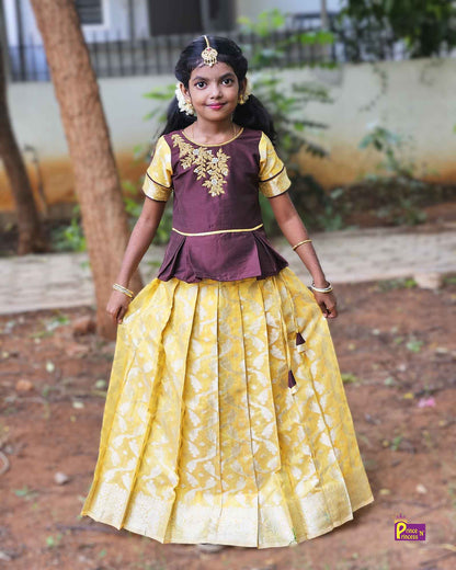 Kids Brown Yellow Traditional AARI Work Pattu Pavadai PPP1541