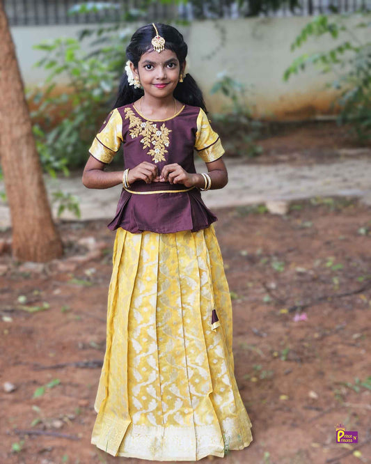 Kids Brown Yellow Traditional AARI Work Pattu Pavadai PPP1541