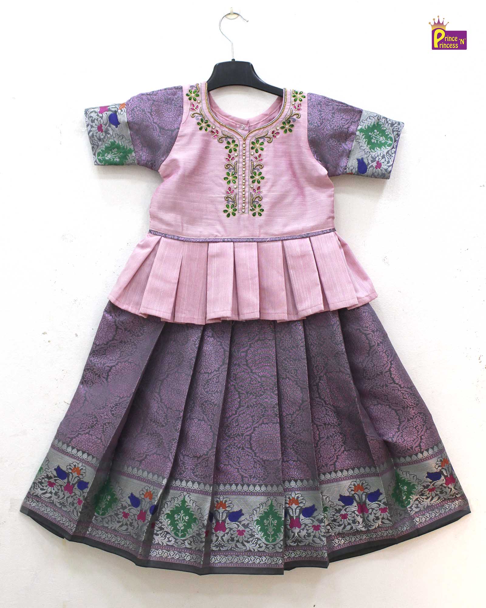 Kids Pink Raw Silk tops AARI Work Pattu Pavadai PPP1543