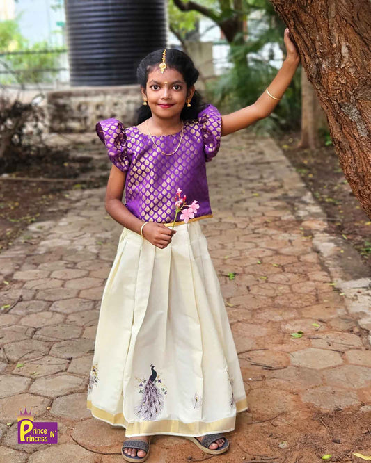 Kids Violet And Half white Kerala  Traditional Pattu Pavadai PPP1546