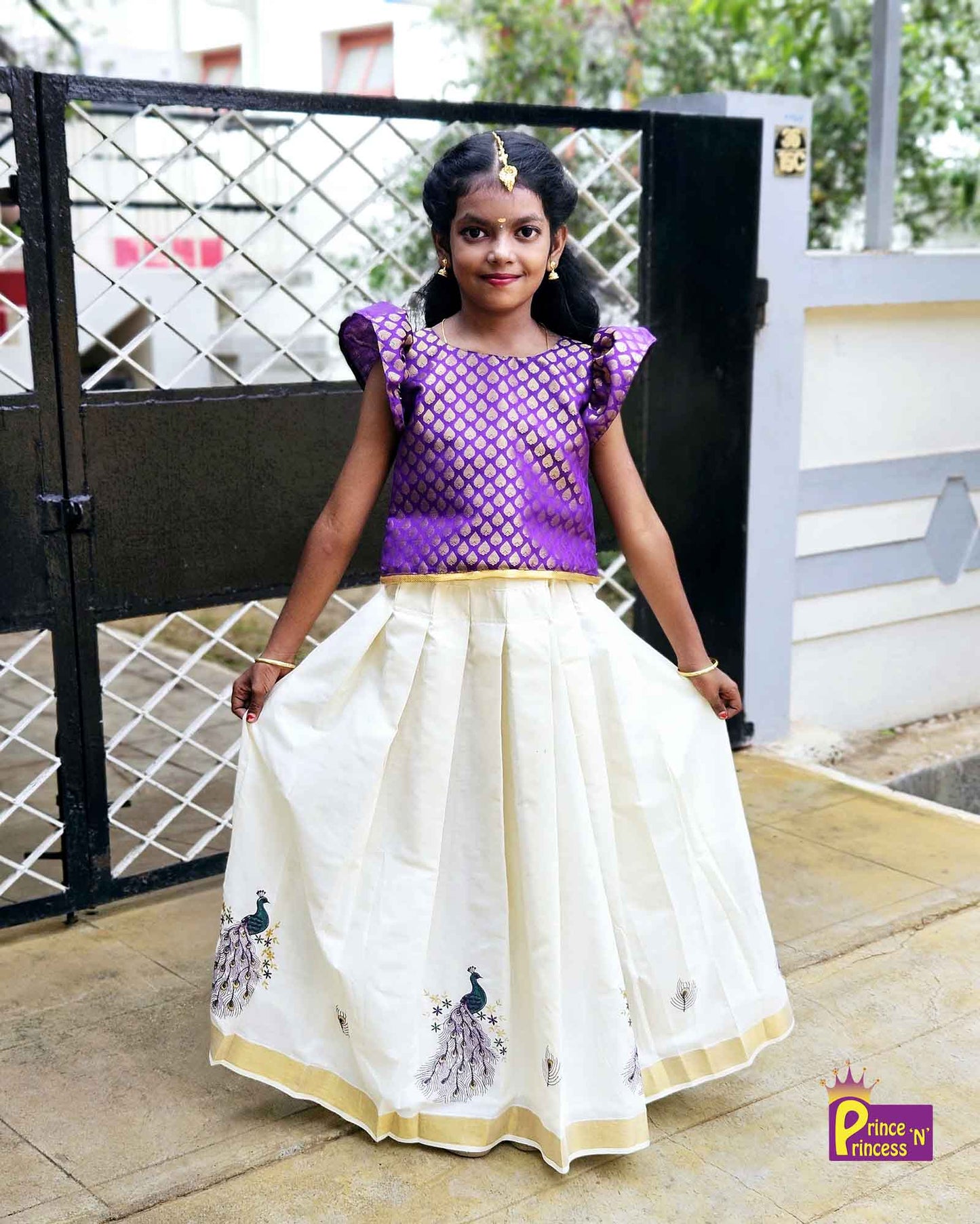 Kids Violet And Half white Kerala  Traditional Pattu Pavadai PPP1546