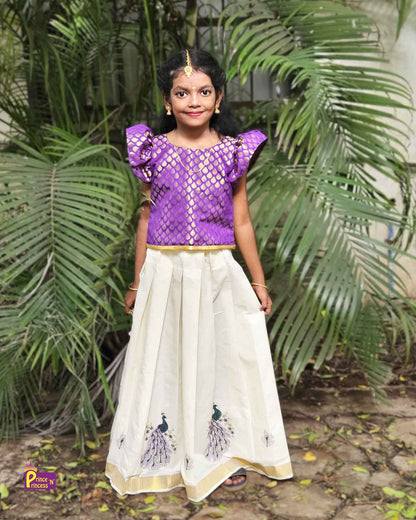 Kids Violet And Half white Kerala  Traditional Pattu Pavadai PPP1546