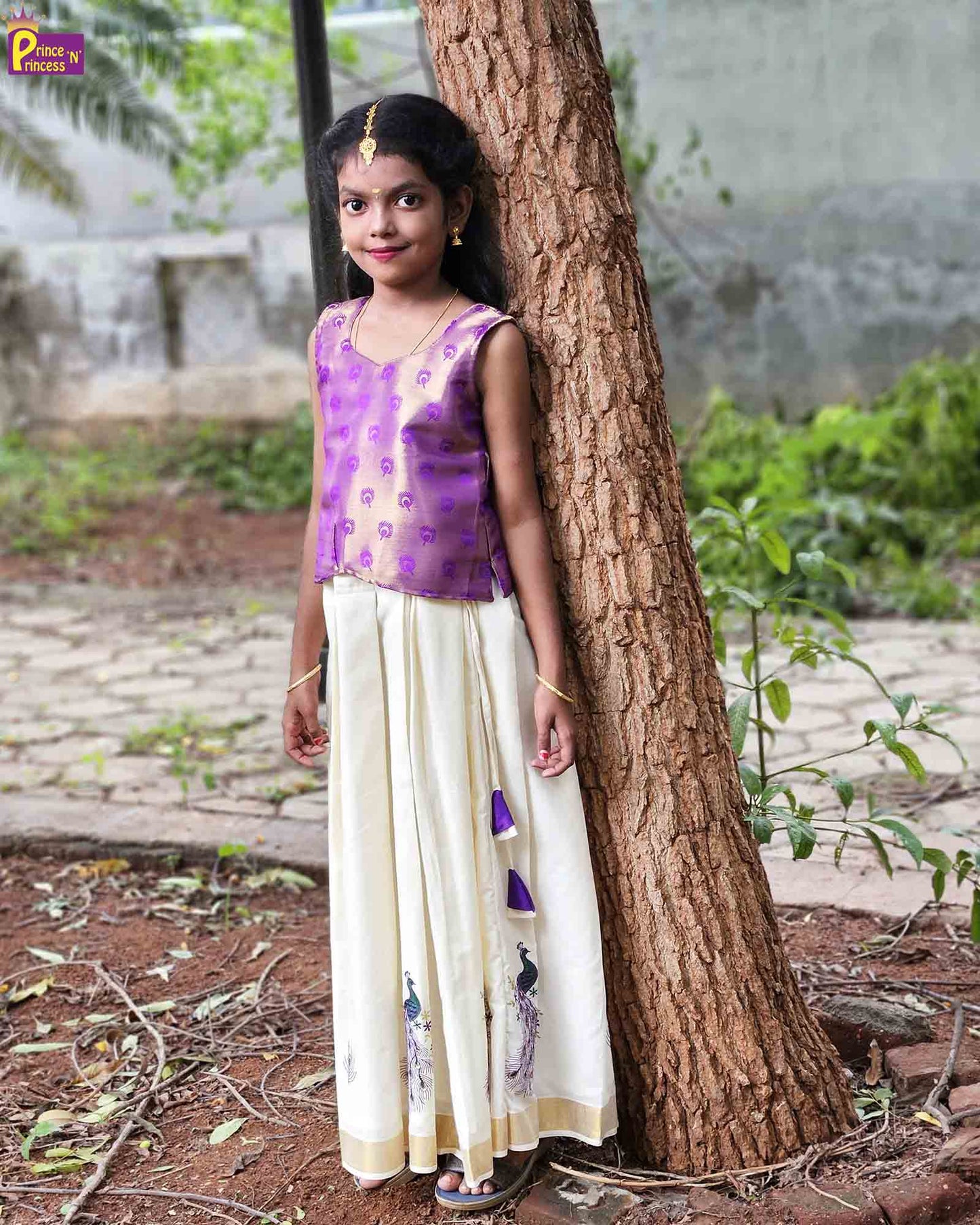 Kids Violet And Half white Kerala  Traditional Pattu Pavadai PPP1547