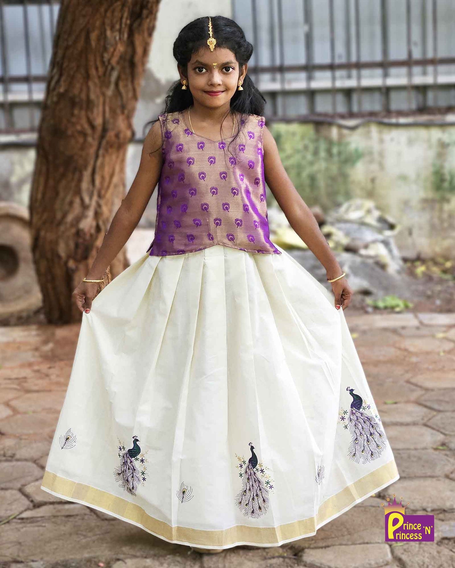 Kids Violet And Half white Kerala  Traditional Pattu Pavadai PPP1547