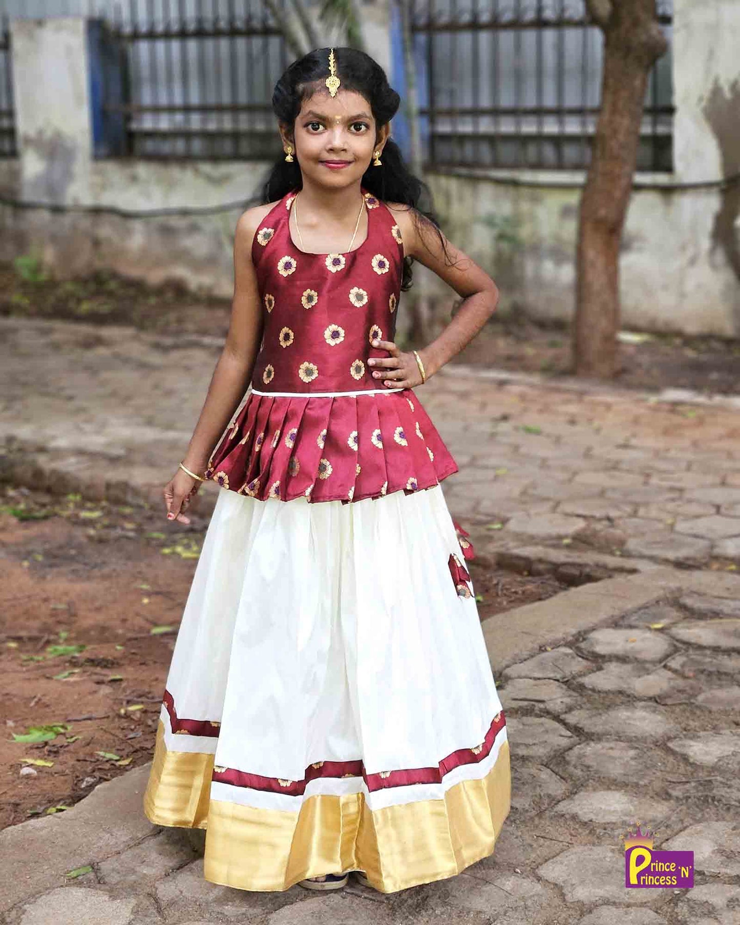 Kids Maroon And Half white Halterneck Traditional Pattu Pavadai PPP1548