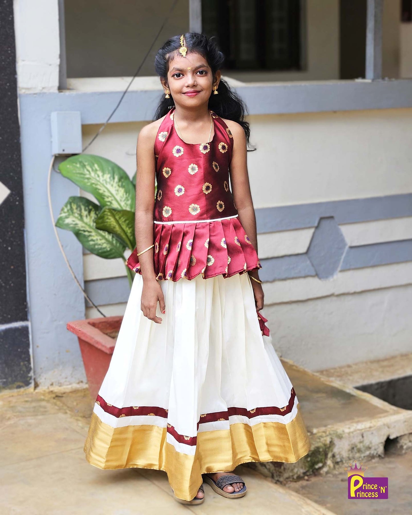 Kids Maroon And Half white Halterneck Traditional Pattu Pavadai PPP1548