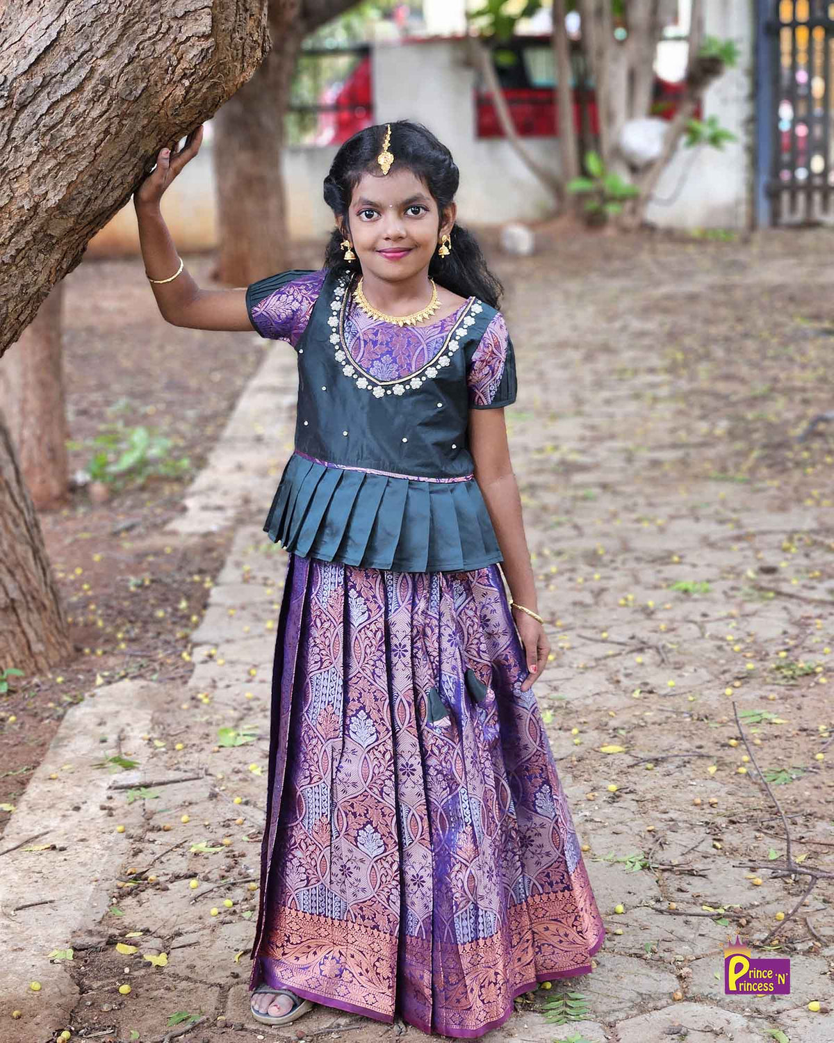 Kids Dark Green Purple Traditional AARI Work Pattu Pavadai PPP1551