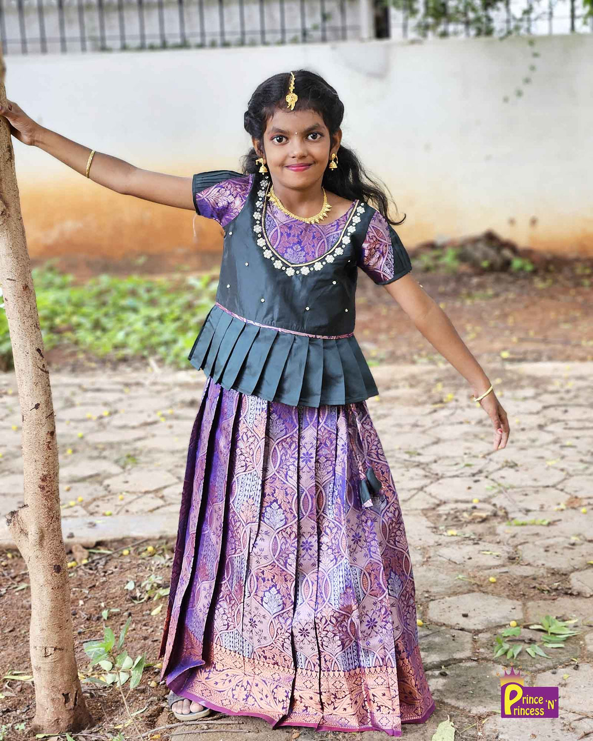 Kids Dark Green Purple Traditional AARI Work Pattu Pavadai PPP1551