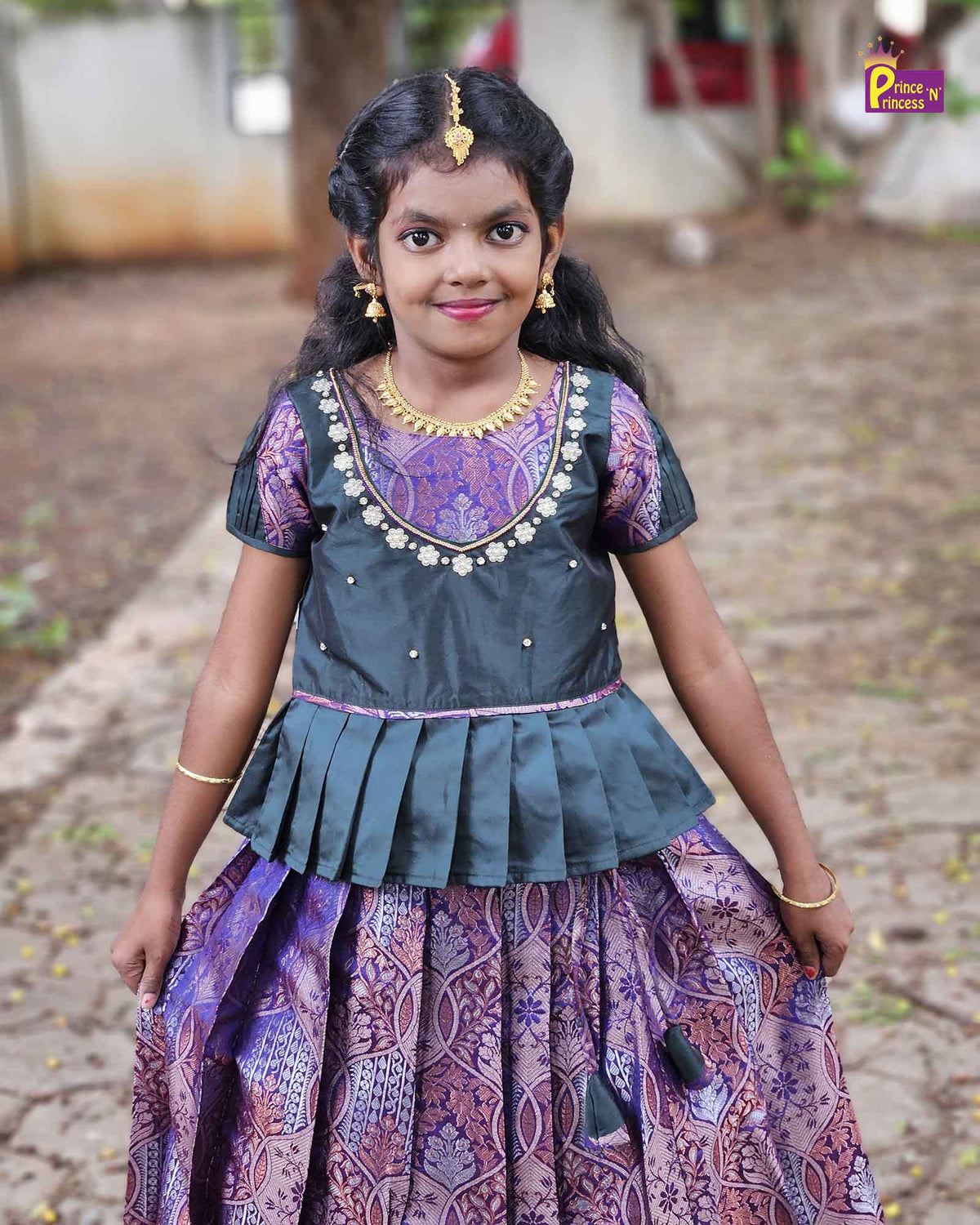 Kids Dark Green Purple Traditional AARI Work Pattu Pavadai PPP1551