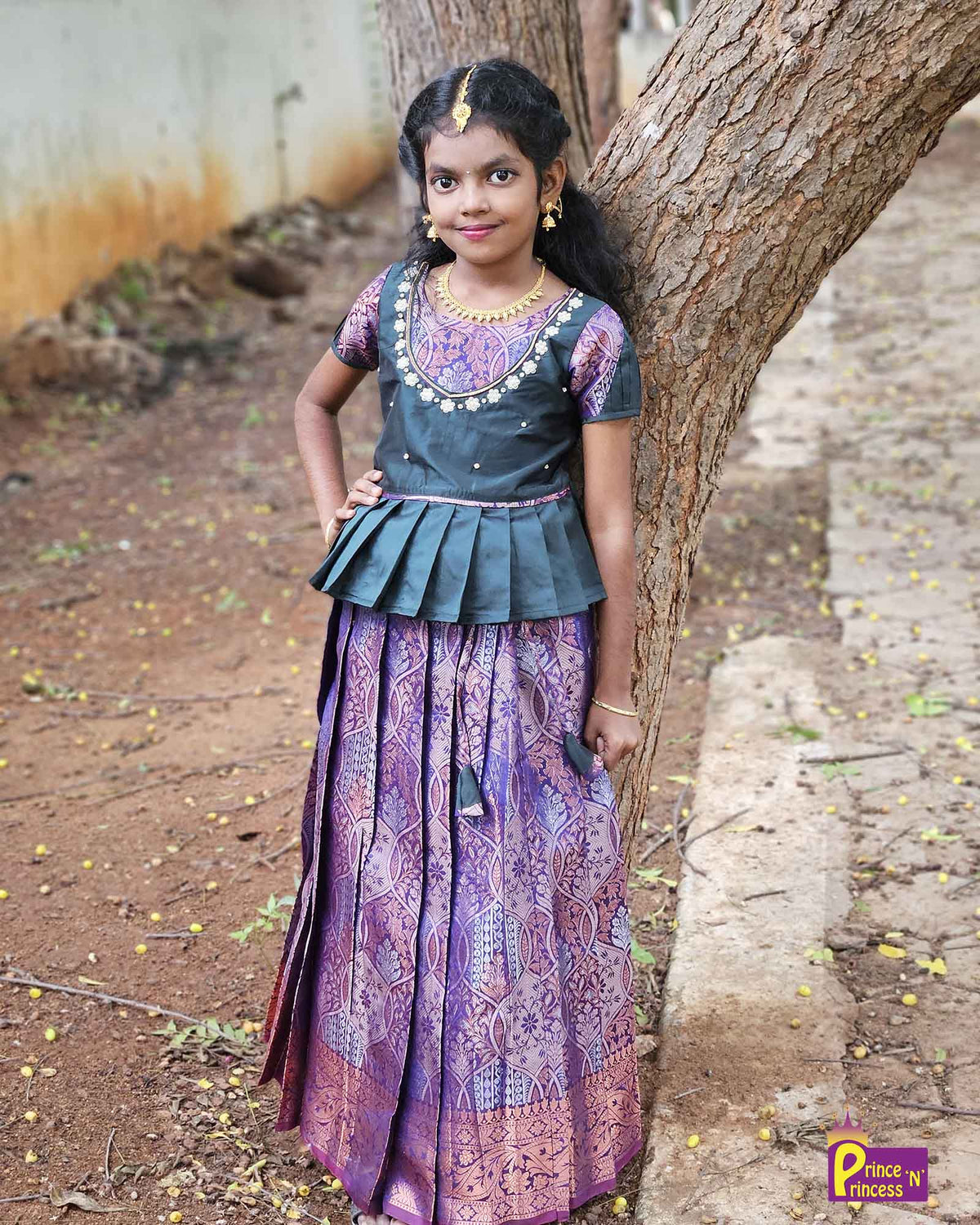 Kids Dark Green Purple Traditional AARI Work Pattu Pavadai PPP1551