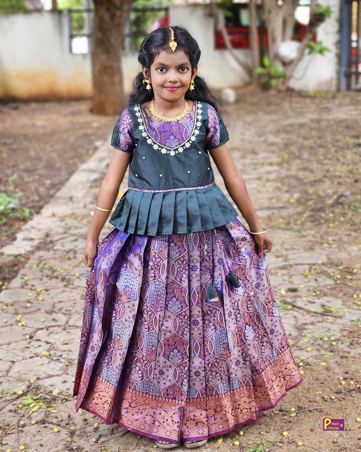 Kids Dark Green Purple Traditional AARI Work Pattu Pavadai PPP1551