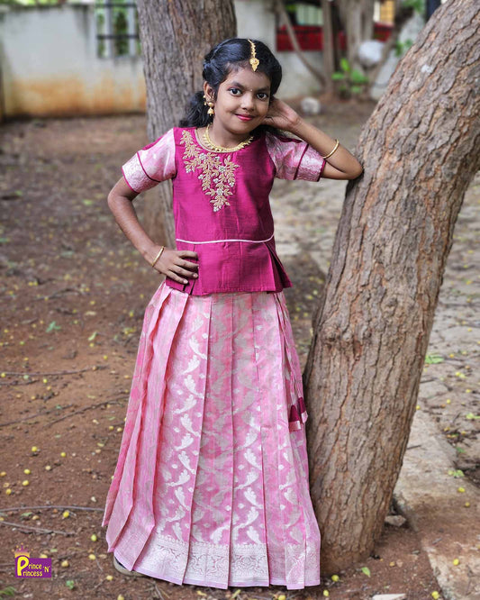 Kids Pink Traditional AARI Work Pattu Pavadai PPP1552