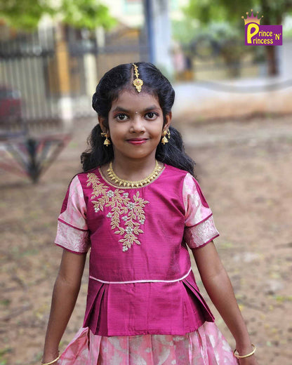 Kids Pink Traditional AARI Work Pattu Pavadai PPP1552