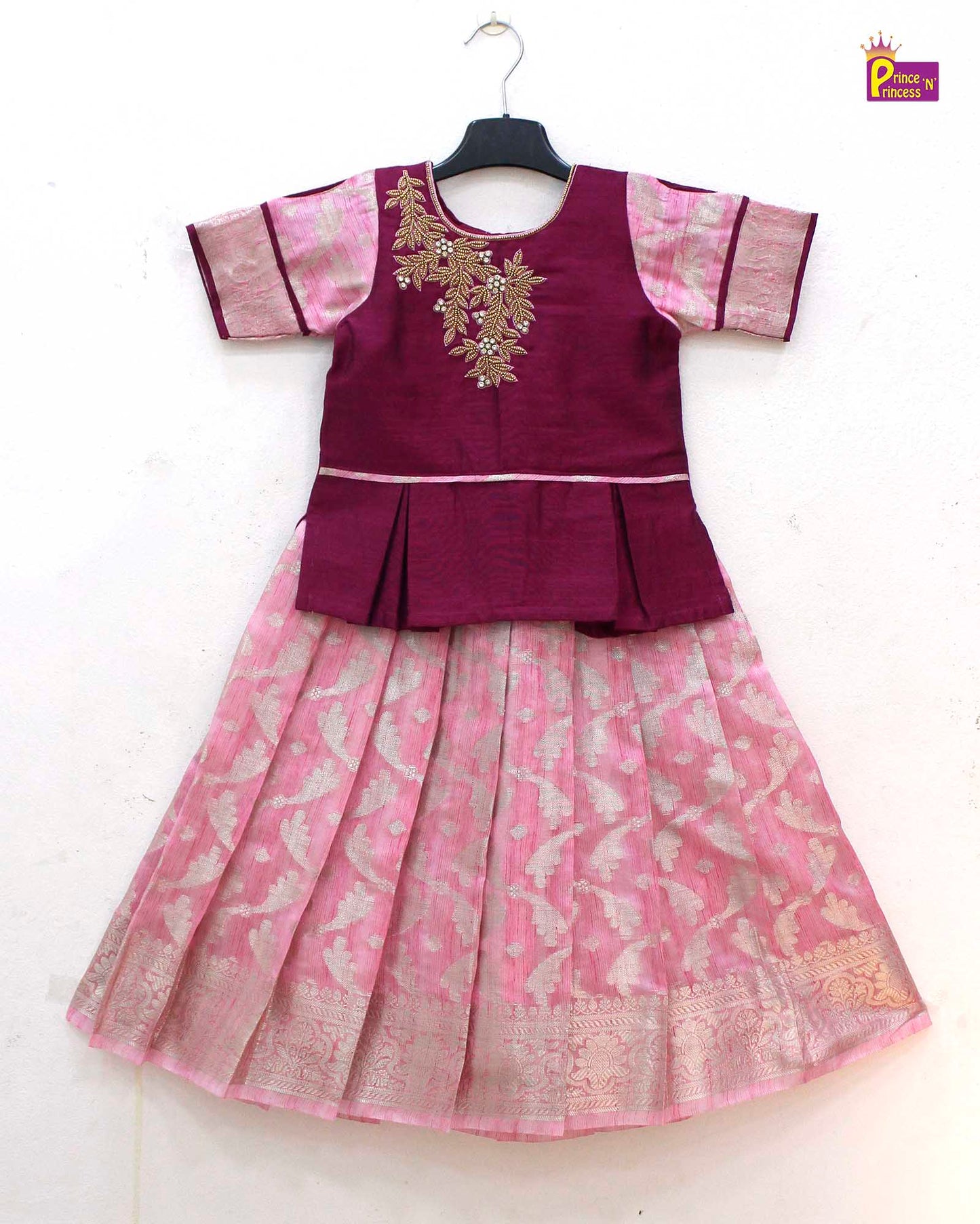 Kids Pink Traditional AARI Work Pattu Pavadai PPP1552