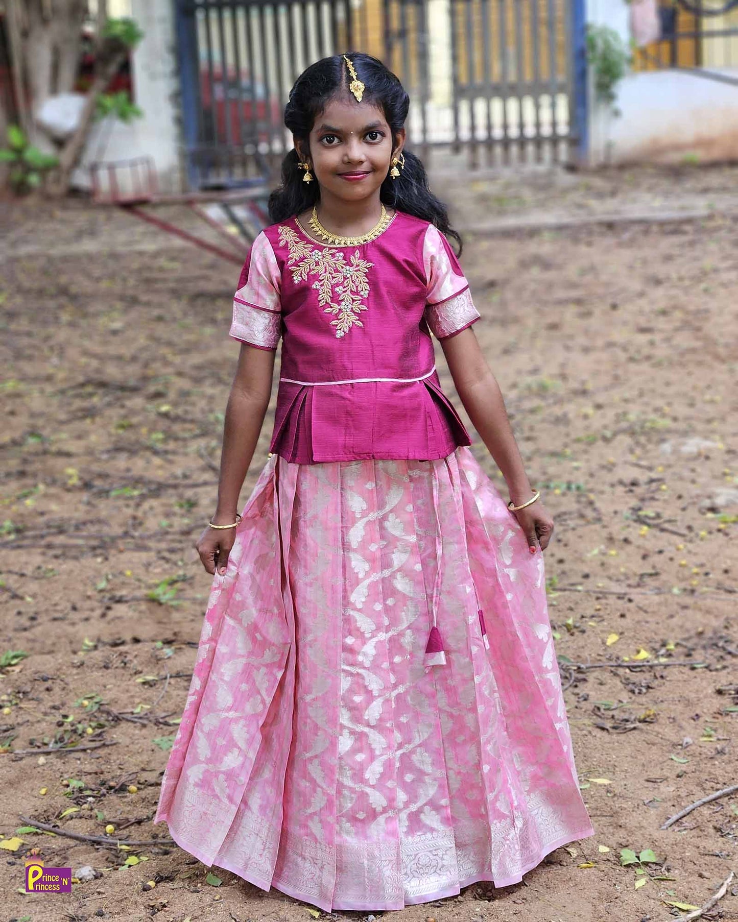 Kids Pink Traditional AARI Work Pattu Pavadai PPP1552