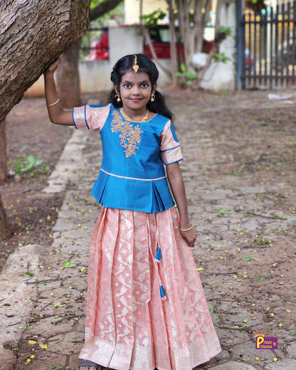 Kids Ramablue Peach Traditional AARI Work Pattu Pavadai PPP1553