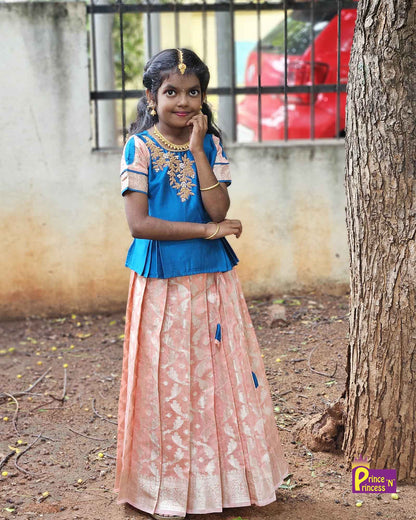 Kids Ramablue Peach Traditional AARI Work Pattu Pavadai PPP1553