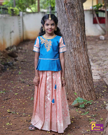 Kids Ramablue Peach Traditional AARI Work Pattu Pavadai PPP1553