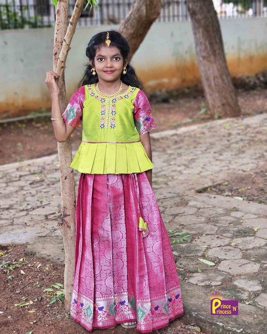 Kids Green Pink AARI Work Pattu Pavadai PPP1554