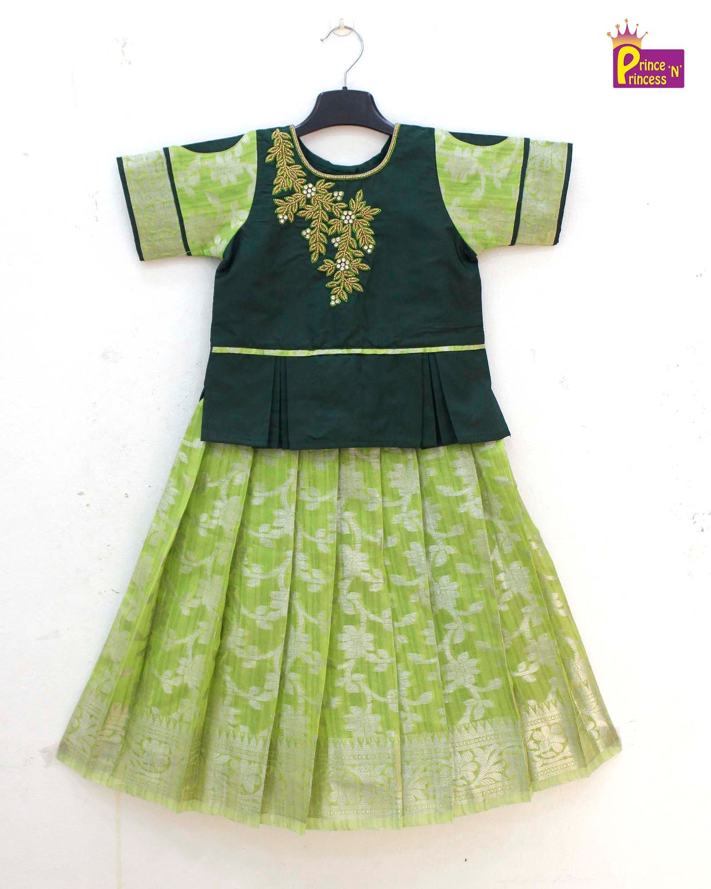 Kids Green Traditional AARI Work Pattu Pavadai PPP1556