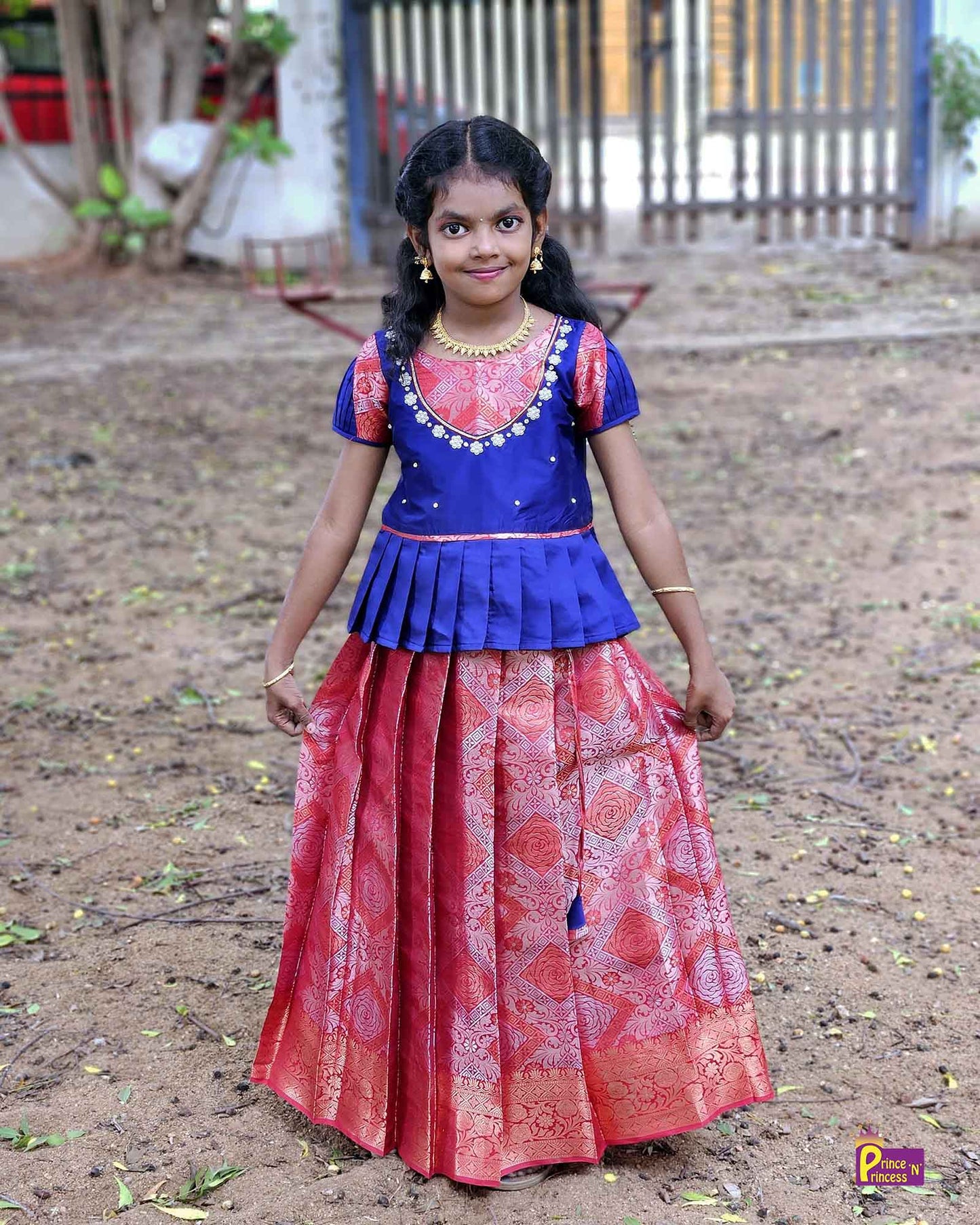 Kids Dark Red Blue Traditional AARI Work Pattu Pavadai PPP1557