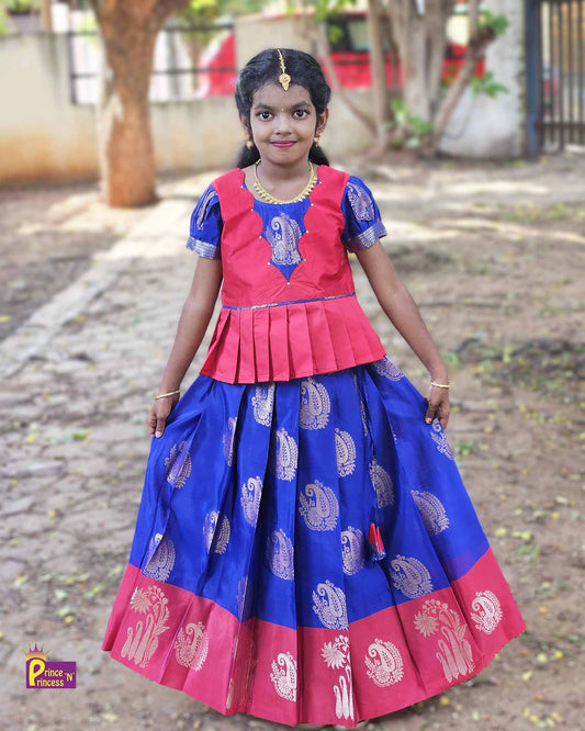 Kids Red And Blue Traditional Pattupavadai PPP1562