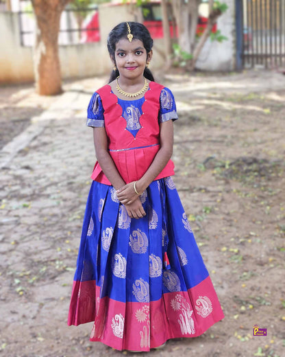 Kids Red And Blue Traditional Pattupavadai PPP1562