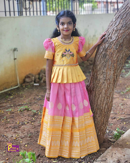 Kids Yellow and Pink Traditional AARI Work Pattu Pavadai PPP1563