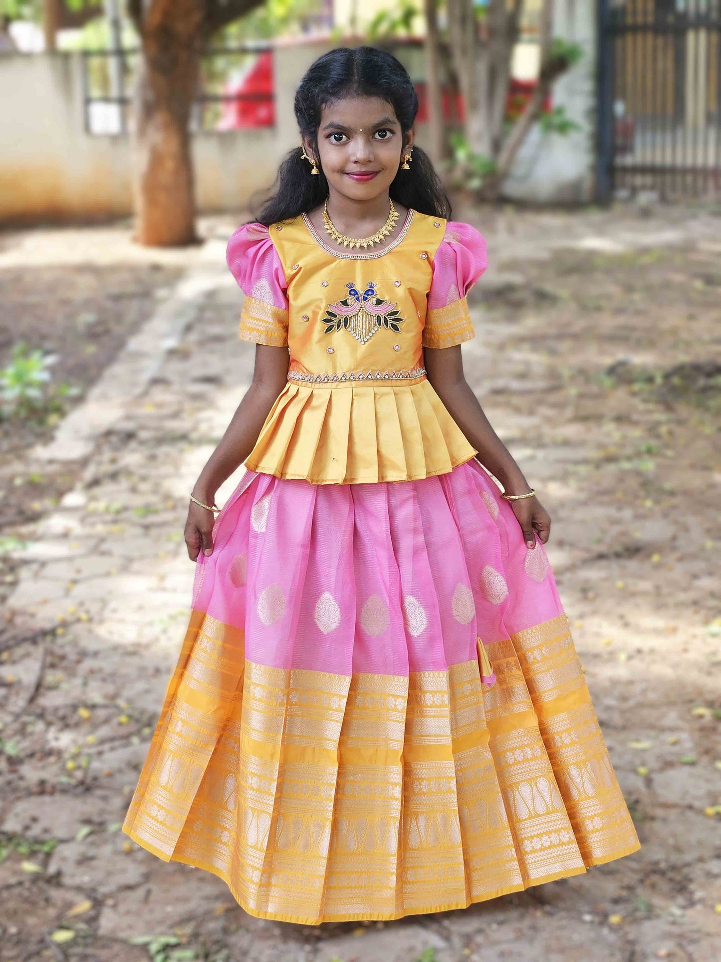 Kids Yellow and Pink Traditional AARI Work Pattu Pavadai PPP1563