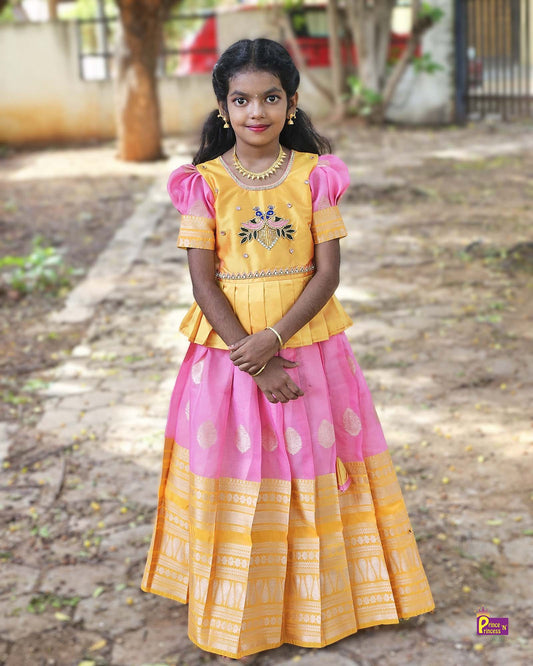 Kids Yellow and Pink Traditional AARI Work Pattu Pavadai PPP1563