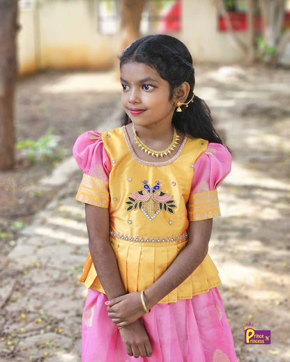 Kids Yellow and Pink Traditional AARI Work Pattu Pavadai PPP1563