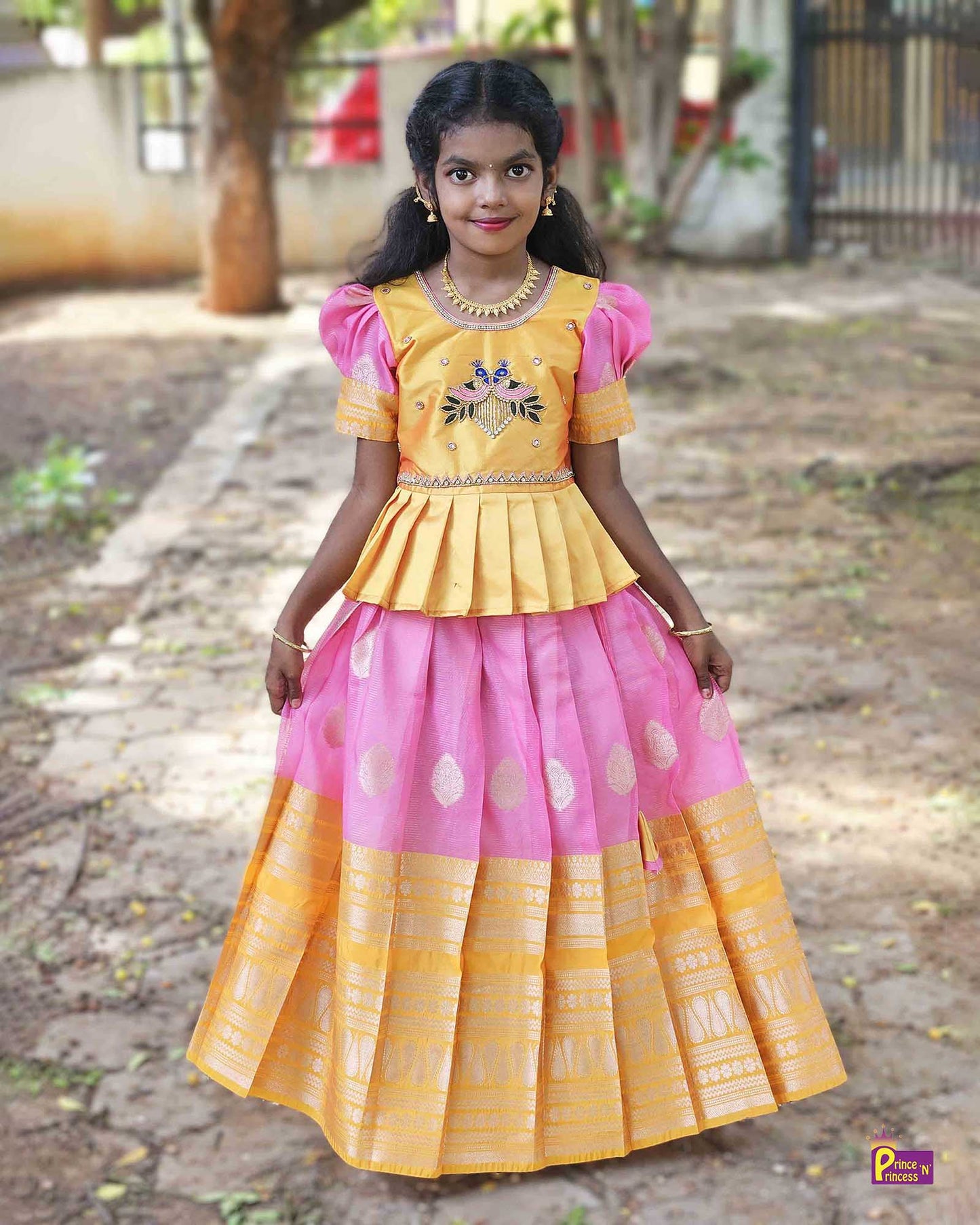 Kids Yellow and Pink Traditional AARI Work Pattu Pavadai PPP1563