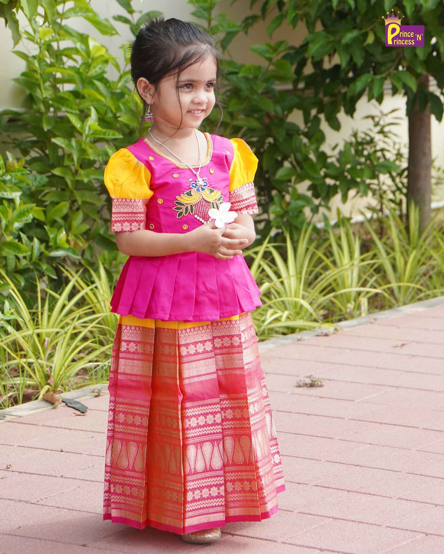 Kids Yellow and Pink Traditional AARI Work Pattu Pavadai PPP1695