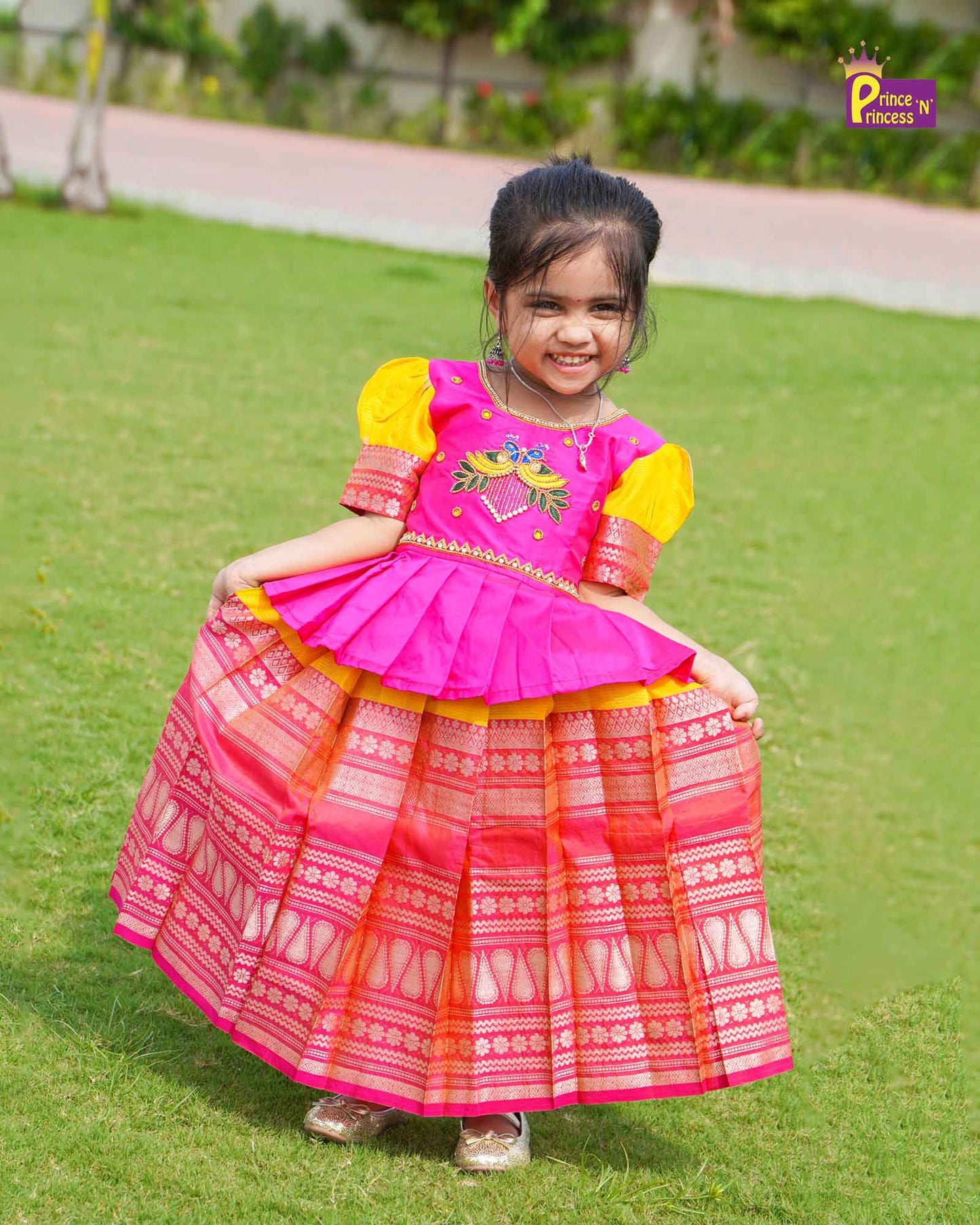 Kids Yellow and Pink Traditional AARI Work Pattu Pavadai PPP1695