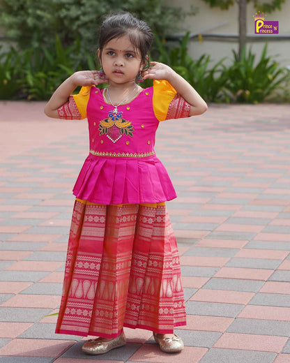 Kids Yellow and Pink Traditional AARI Work Pattu Pavadai PPP1695