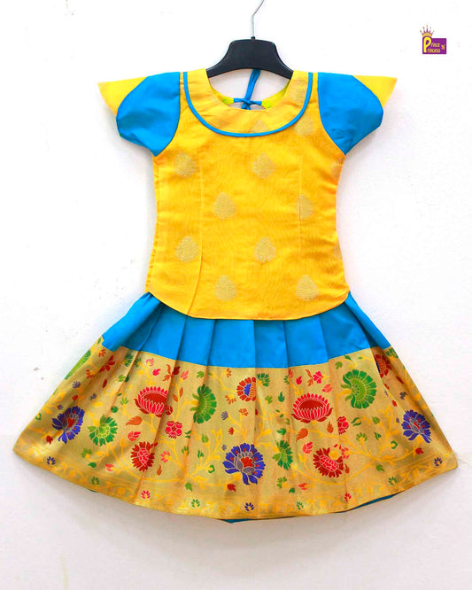 Kids Yellow And Sky Blue Traditional Pattupavadai PPP1581