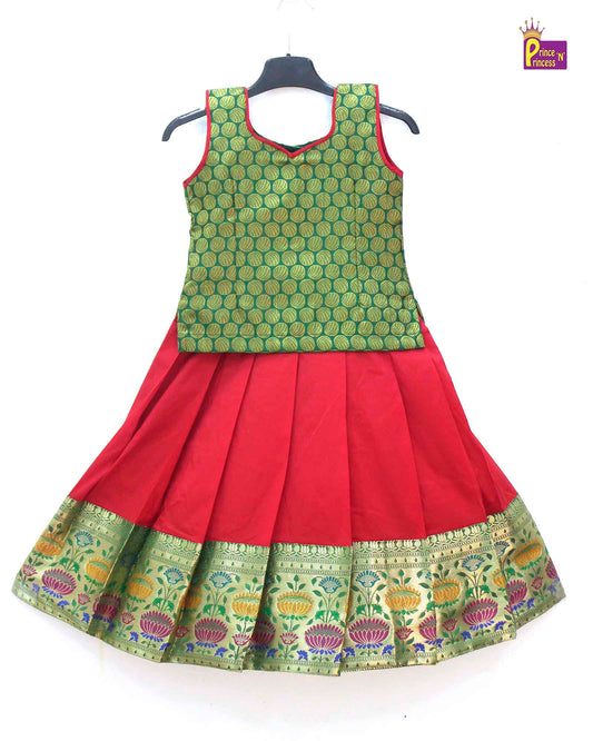 Kids Red and green Traditional Pattupavadai PPP1585