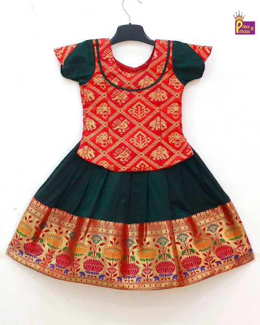 Kids Red and Dark green Traditional Pattupavadai PPP1586