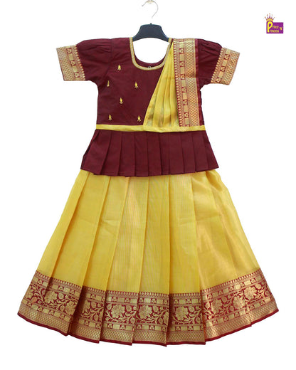 Kids Maroon Yellow Traditional AARI Work Pattu Pavadai With Duppata PPP1587