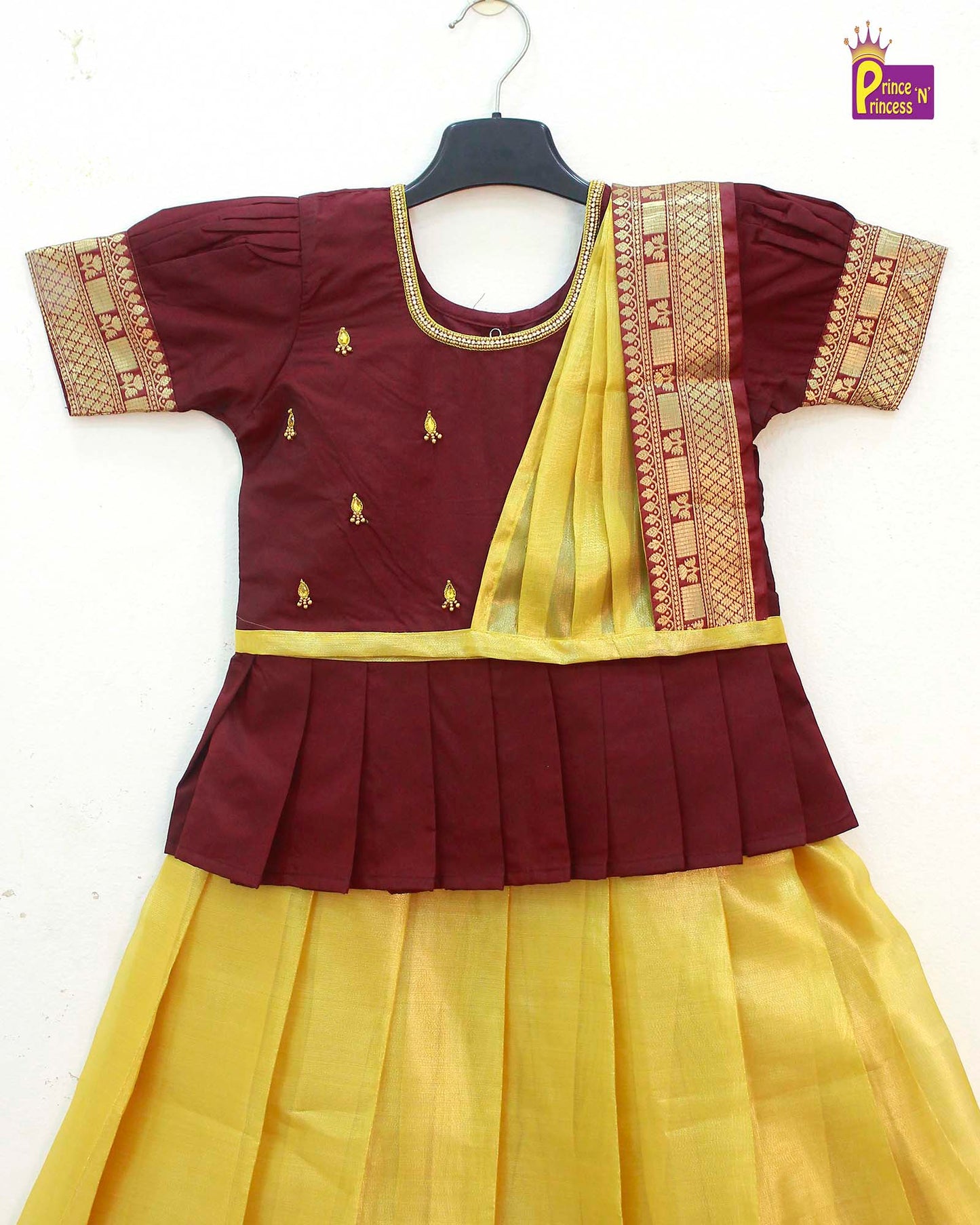 Kids Maroon Yellow Traditional AARI Work Pattu Pavadai With Duppata PPP1587