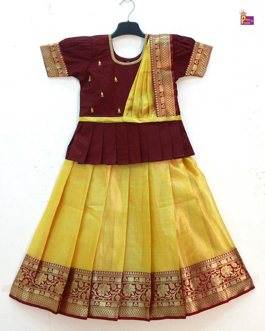 Kids Maroon Yellow Traditional AARI Work Pattu Pavadai With Duppata PPP1587