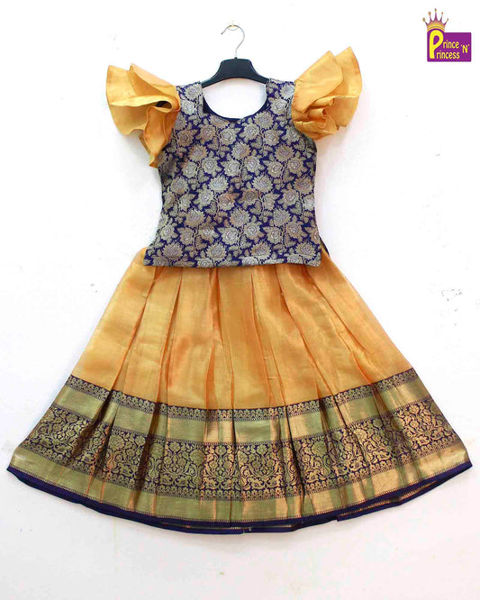 Kids Navy blue Golden Traditional Pattupavadai PPP1588