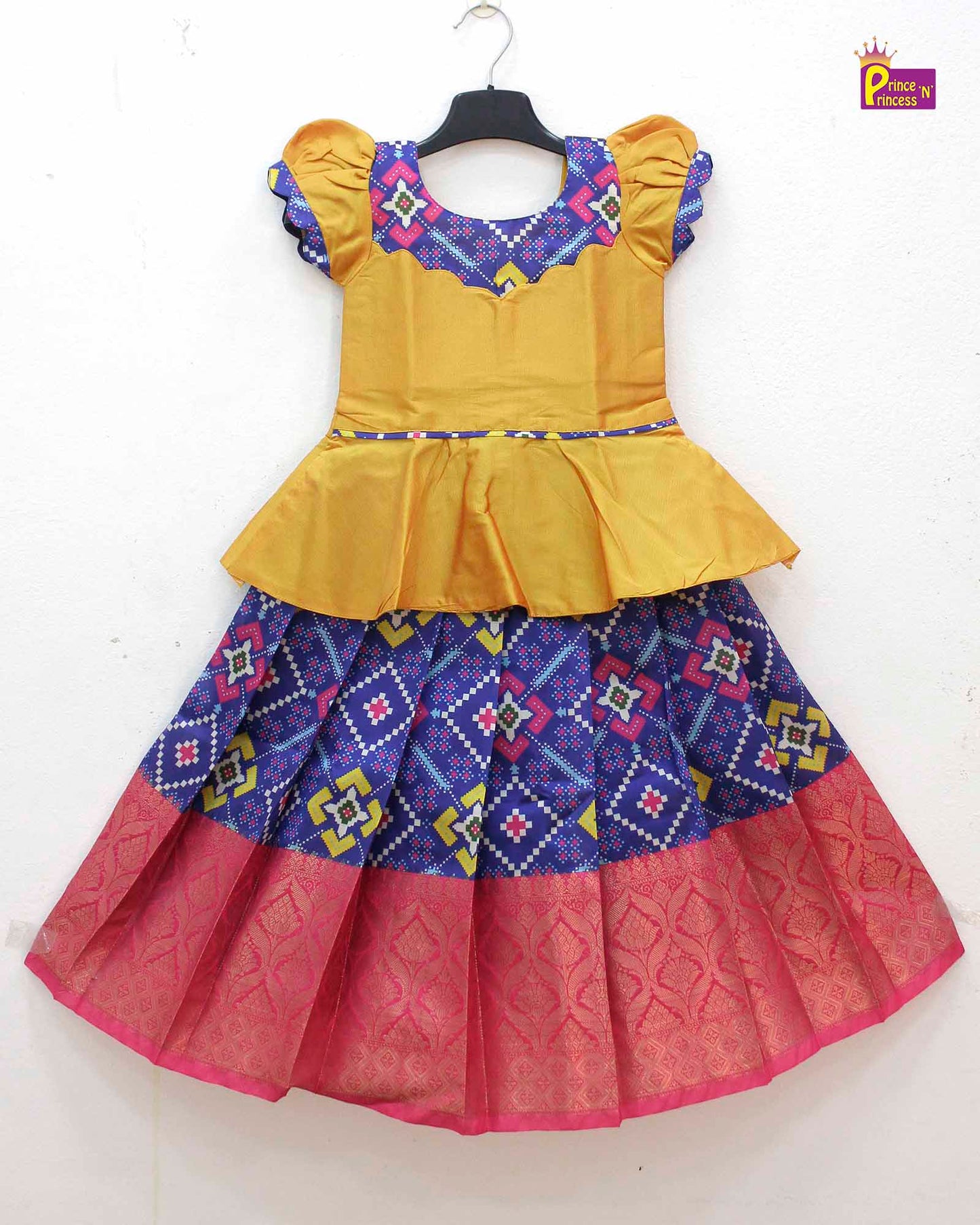 Kids Blue and Yellow Traditional Pattupavadai PPP1592