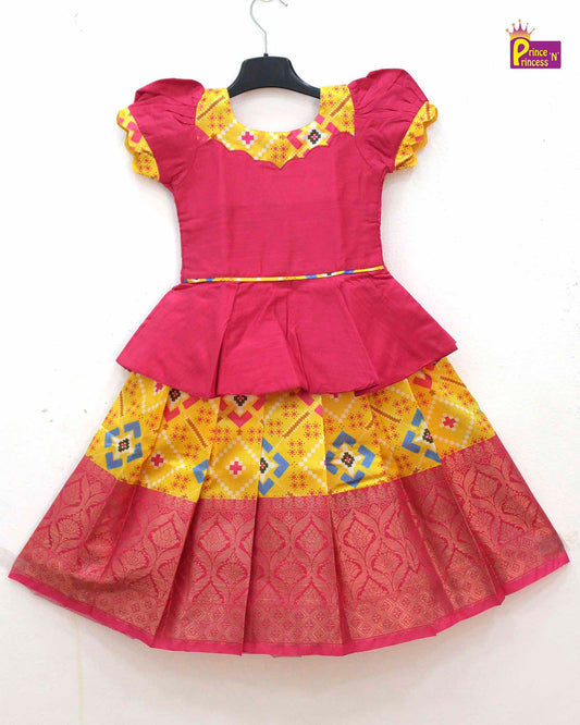 Kids Pink and Yellow Traditional Pattupavadai PPP1593