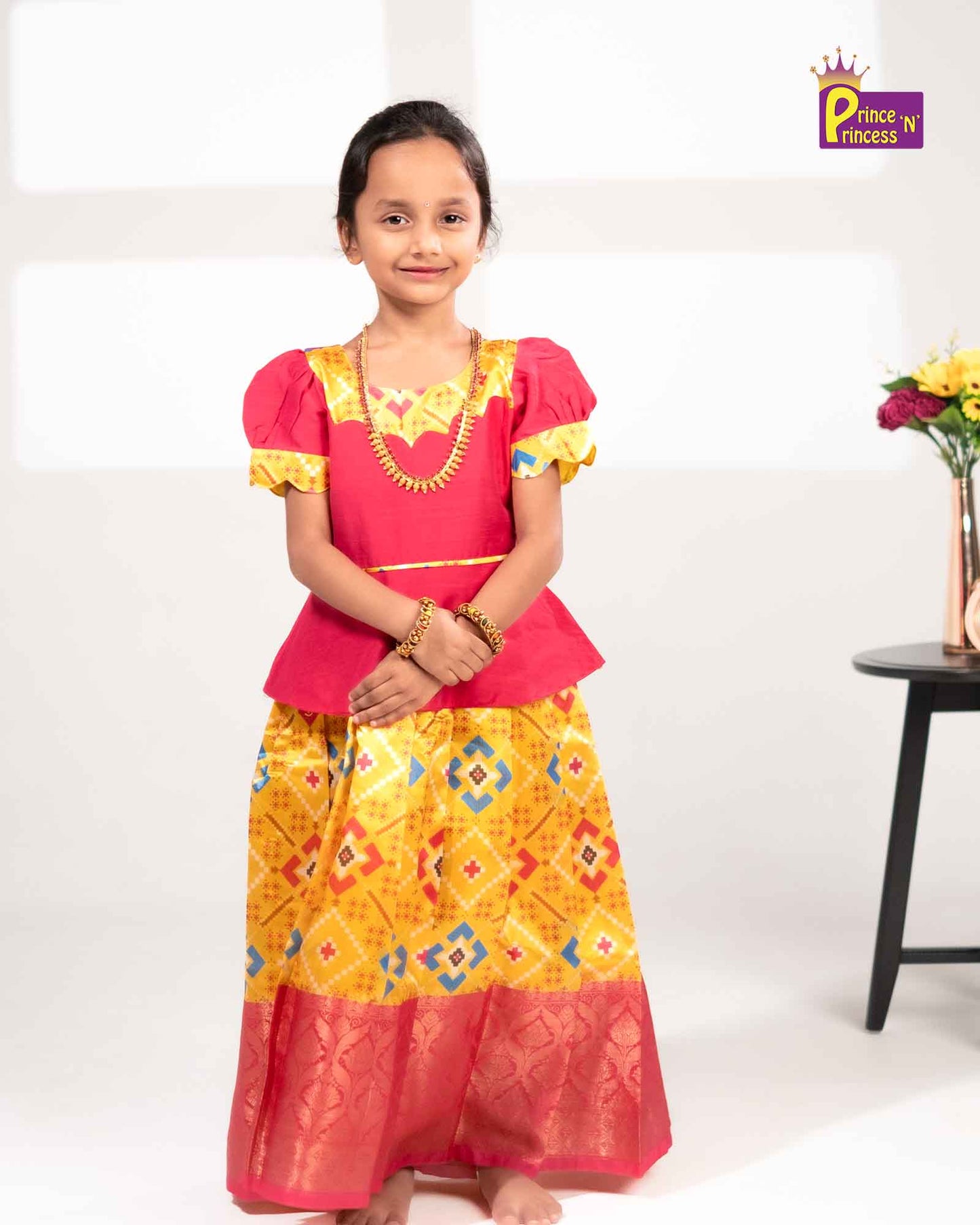 Kids Pink and Yellow Traditional Pattupavadai PPP1593