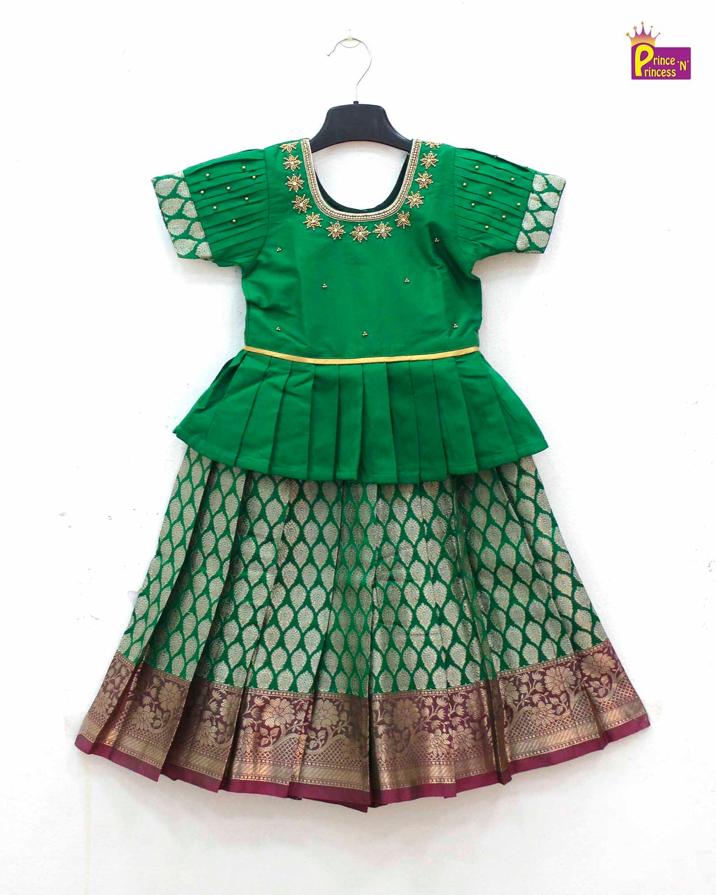 Kids Green Traditional AARI Work pattu Pavadai PPP1595