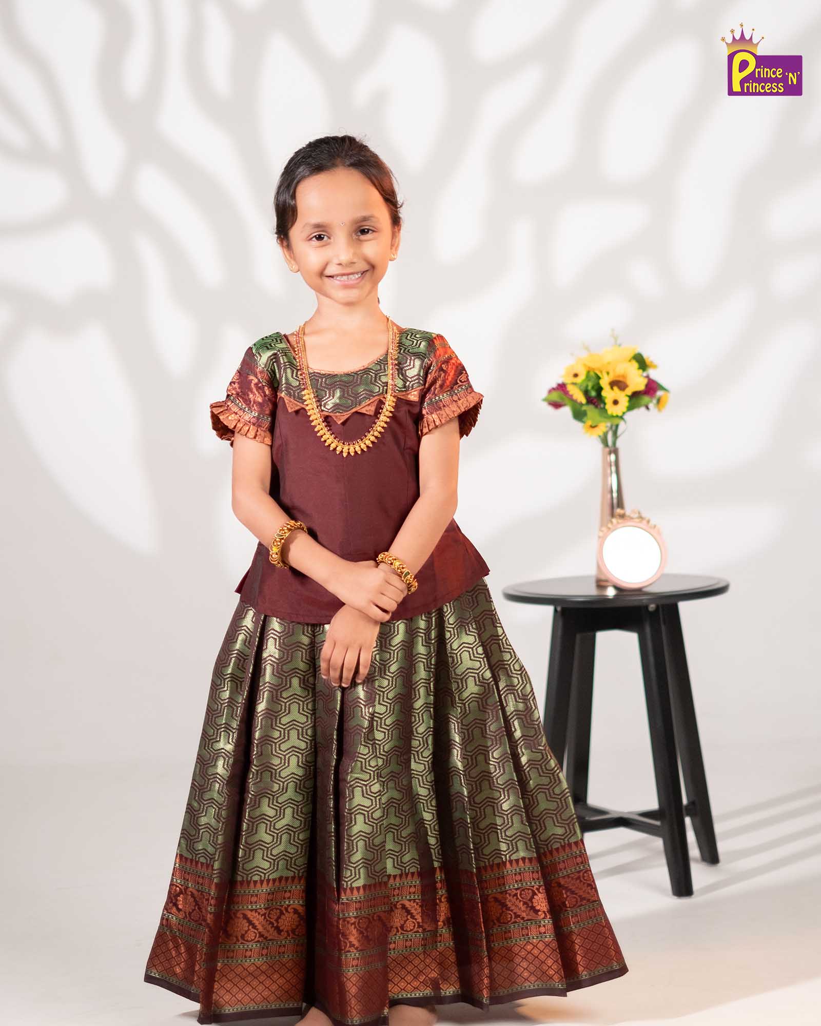 Kids Maroon Green Traditional Pattupavadai PPP1603