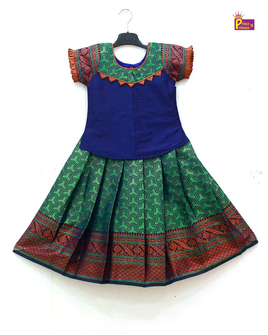 Kids Blue and Green Traditional Pattupavadai PPP1604